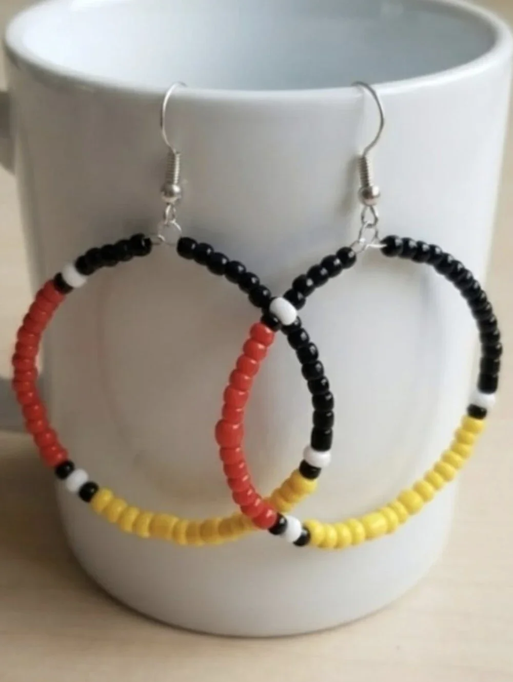 Handmade Beaded Hoop Earrings in Red, Black & Yellow